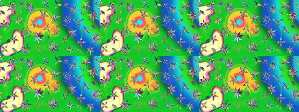 Yeşil ve mavi renkli etnik çiçekli zarif eskiz deseni. Raster Çiçek İllüstrasyon Şirin Tekstil.