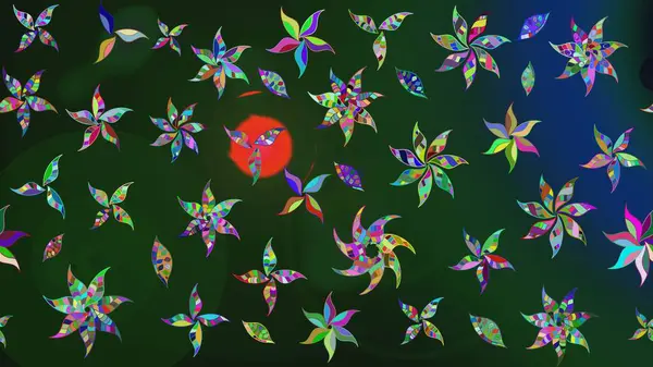 Raster illüstrasyonundaki çiçek desenli çizim. Mavi ve yeşil renkte çiçekler.