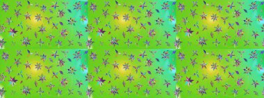 Yeşil ve sarı renkli bitkilerden oluşan parlak çiçekli çizim deseni.