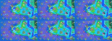 Raster illüstrasyonu. Tropik çiçek desenleri. Mavi ve yeşil renkte çiçekler.