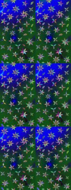 Yeşil ve mavi arka planda. Tekstil, kumaş, ambalaj, hatıra defteri için hoş bir çiçek arkaplanı. Çocuksu tasarım. Elle çizilmiş karalama çiçekleri ile Raster çizim deseni.