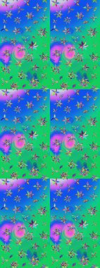 Yaz çiçekleri teması. Yeşil ve mavi renkler. Suluboya resim taklit Raster çizimi. El çizimi, soyut ve süslü elementler. Klasik çiçekler..