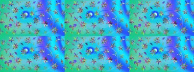 Renkli Bahar Teması eskiz kalıbı. Düz Çiçek Elementleri Tasarımı. Mavi ve yeşil renkli şirin çiçek desenleri. Raster Modaya uygun kumaş deseni.