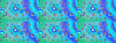 Mavi ve yeşil renkte çiçek çizimi. Çiçek deseni. Mavi ve yeşil renkli çiçekler. Raster illüstrasyonu. Şatafatlı bahar bahçesi dokusu.