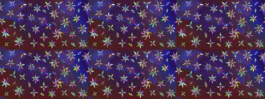 Raster Floral Illustration, Asyalı tekstil. Eflatun ve mor renkte etnik çiçeklerle zarif eskiz deseni.