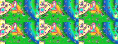 Tropik çiçek desenleri. Yeşil ve mavi renkte çiçekler. Raster illüstrasyonu.