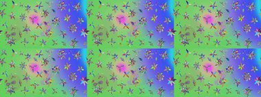 Küçük renkli çiçekler. Küçük çiçekte güzel bir desen. Yeşil ve mavi çiçekli bahar çiçekleri. Moda baskıları için zarif bir şablon. Motley illüstrasyonu.