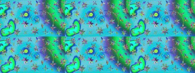 Raster illüstrasyonundaki çiçek desenli çizim. Mavi ve yeşil renkte çiçekler.