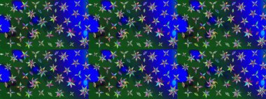 Tekrar eden çiçek arkaplanı, zarif mavi ve yeşil çiçek duvar kağıdı. Mavi ve yeşil renkler üzerine çiçek desenli çizimler, el yapımı papatyalar, papatyalar..