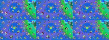 Eskiz klasiği. Renkli Bahar Teması eskiz kalıbı. Düz Çiçek Elementleri Tasarımı. Raster Şirin kumaş deseni.