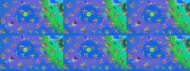 Eskiz klasiği. Renkli Bahar Teması eskiz kalıbı. Düz Çiçek Elementleri Tasarımı. Raster Şirin kumaş deseni.