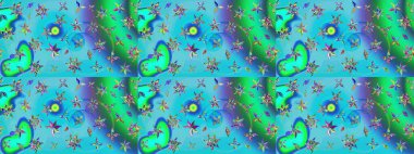 Raster illüstrasyonundaki çiçek desenli çizim. Mavi ve yeşil renkte çiçekler.