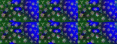 Çok mavi ve yeşil zarif küçük çiçekler ve mavi ve yeşil renkli komik böcekler, raster desen, illüstrasyon.