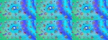 Raster illüstrasyonu. Raster illüstrasyonu. Çiçek desenli çizim. Asya tekstil tarzında. Mavi ve yeşil renkte çiçekler.