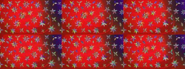 Raster suluboya çiçek deseni, narin çiçekler, kırmızı ve mor çiçekler, tebrik kartı şablonu. Güzel kumaş deseni.