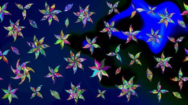 Mavi ve siyah renkte çiçekler. Düz Çiçek Elementleri Tasarımı. Renkli Yaz Temalı eskiz kalıbı. Çiçekli retro deseni çiz.