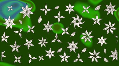 Raster illüstrasyonu. Şirin çiçekli eskiz deseni ve yeşil ve nötr renklerde yapraklar, suluboya çiçek deseni, duvar kağıdı, kart veya kumaş için fayanslı.