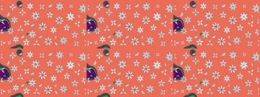 Çiçekler turuncu ve nötr renklerde. Düz Çiçek Elementleri Tasarımı. Raster illüstrasyonu. Asya tekstil tarzında. Çiçek desenli çizim. Renkli Bahar Teması çizim şablonu.