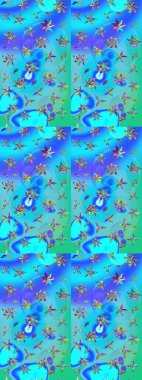 Raster illüstrasyonundaki çiçek desenli çizim. Mavi ve yeşil renkte çiçekler.