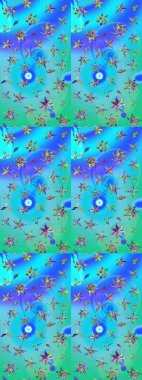 Mavi ve yeşil renkli bitkilerden oluşan parlak bir halı ile çizim deseni.