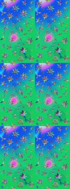 Raster illüstrasyonu. Yeşil ve mavi renklere karalamalar çizilmiş çiçek deseni.