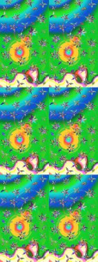 Raster Floral Illustration, Asyalı tekstil. Yeşil ve mavi renkli etnik çiçeklerle zarif bir eskiz deseni.