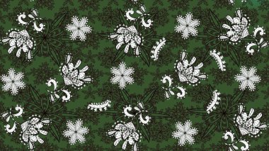 Nazik, narin çiçek arkaplanı. Çiçekli karalama şeklinde Raster çiçek deseni. Yeşil ve gri renkte çiçekler.