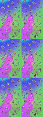 Raster illüstrasyonu. Mor ve yeşil renklerde. 3D çiçekler, çizim.