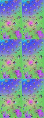 Raster illüstrasyonu. El çizimi çiçekli soyut çizim kalıbı. Yeşil ve mor renkte çiçekler.