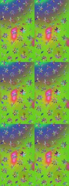 Elle çizilmiş çiçek desenli Raster çizimi. Yeşil ve mor arka planda. Tekstil, kumaş, ambalaj, hatıra defteri için hoş bir çiçek arkaplanı. Çocuksu tasarım.