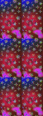 Modern çiçek arkaplanı. Parlak renkli çiçekleri ve kırmızı ve mavi renkli yaprakları olan harika bir çiçek deseni. Moda baskıları için zarif bir şablon. Halk stili.