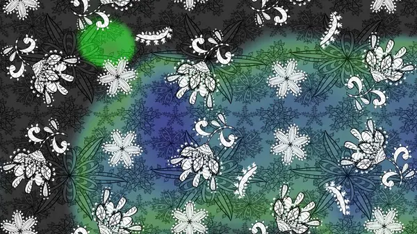 Mavi ve gri renkli küçük çiçekler ve mavi ve gri renkli komik böcekler, raster deseni, illüstrasyon.