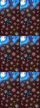 Raster illüstrasyonu. Suluboya çiçekli çiçek deseni. Kahverengi ve mavi renkli Asyalı tekstil.