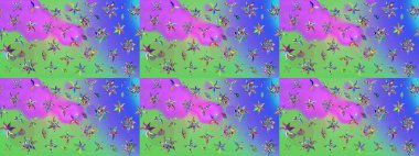 Raster illüstrasyonu. Mor ve yeşil renkte çiçekler. Çiçek desenli çizim. Asya tekstil tarzında. Raster illüstrasyonu.