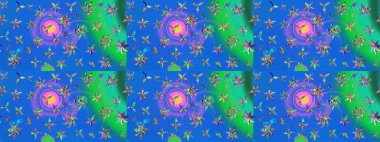 Mavi ve yeşil renkli çiçekler. Raster düz çiçek çizim deseni. Tasarım hediye paketi, tebrik kartları, posterler ve afiş tasarımı.