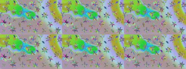 Asya tekstil tarzında. Çiçek desenli çizim. Raster illüstrasyonu. Raster illüstrasyonu. Tarafsız ve yeşil renkte çiçekler.