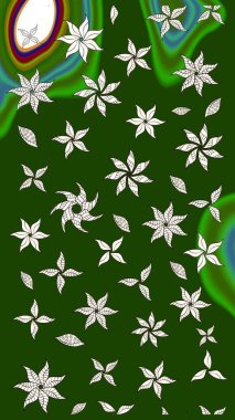 Raster illüstrasyonu. Yeşil ve nötr renklerde. Çiçek buketleriyle klasik tarzda eskiz deseni.