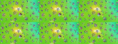Raster - stok. Yapraklı çiçekler ve yeşil ve sarı renkli papatya çiçekleri. Taslak arkaplan deseni.