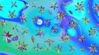 Küçük çiçekte hoş bir çiçek deseni var. Çiçeksel elementlerle süslenmiş zarif raster dokusu. Parlak çiçekli mavi ve yeşil renkler üzerine soyut çizim deseni.