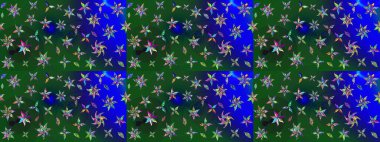 Yeşil ve mavi renkli bitkilerden oluşan parlak çiçekli çizim deseni.