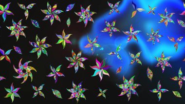 Renkli desenli eskiz deseni, gri ve mavi çiçekler ve dekoratif elementler. Eski usul. Eskiz geçmişi. Kumaş, tekstil, duvar kağıdı baskısı için. Raster illüstrasyonu.