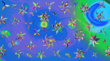 Çiçek desenli çizim. Asya tekstil tarzında. Mavi ve mor renkli çiçekler. Raster illüstrasyonu. Raster illüstrasyonu.