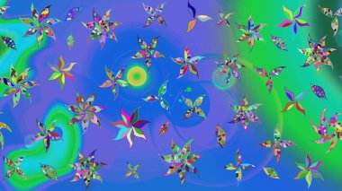 Düz Çiçek Elementleri Tasarımı. Renkli Bahar Teması eskiz kalıbı. Sevimli çiçek raster deseni. Mavi ve yeşil renkte çiçekler.