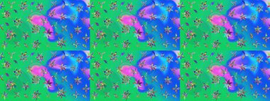 Yeşil ve mavi renkte güzel çiçekler, suluboya desenli, duvar kağıdı, kart ya da kumaş için fayanslı eskizler. Raster..