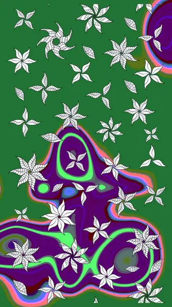 Raster illüstrasyonu. Yeşil ve mor renkli çiçekler. Raster illüstrasyonu. Asya tekstil tarzında. Çiçek desenini çiz.