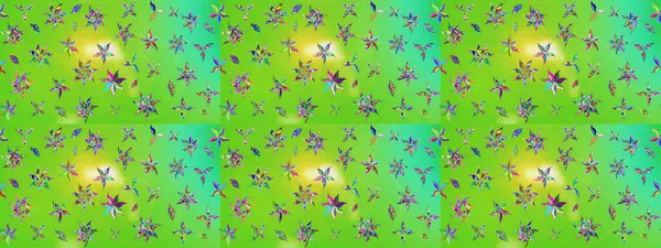 Raster - stok. Yapraklı çiçekler ve yeşil ve sarı renkli papatya çiçekleri. Taslak arkaplan deseni.