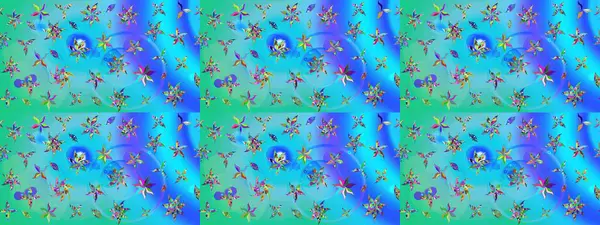 Küçük çiçekteki sevimli çiçek deseni. Varicoloblue ve yeşil raster çizimi. Birçok mavi ve yeşil soyut çiçekli tropikal çizim deseni.