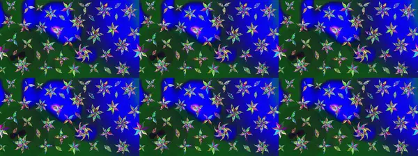 Raster illüstrasyonundaki çiçek desenli çizim. Mavi ve yeşil renkte çiçekler.