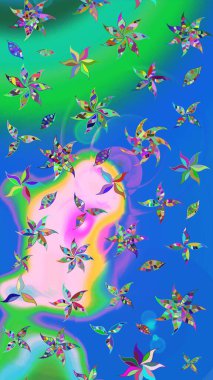 Elle boyanmış suluboya resim çizimleri, çiçekler ve bitkiler. Mavi ve yeşil renkte çiçekler.