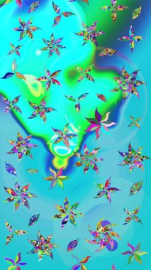 Mavi ve yeşil renkli çiçekler. Çiçekli karalama şeklinde Raster çiçek deseni. Nazik, narin çiçek arkaplanı.